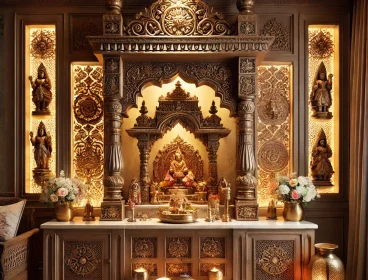 DALL·E 2025-02-08 18.41.27 – A traditional Indian residential Pooja room with a carved wooden temple, golden embellishments, and soft warm lighting. The room features a marble alt DALL·E 2025-02-08 18.41.27 - A traditional Indian residential Pooja room with a carved wooden temple, golden embellishments, and soft warm lighting. The room features a marble alt
