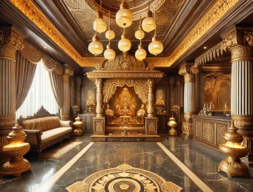 DALL·E 2025-02-08 18.41.39 – A luxurious Pooja room with a grand wooden temple, intricate gold detailing, and an ornate marble floor. The space is illuminated by traditional hangi DALL·E 2025-02-08 18.41.39 - A luxurious Pooja room with a grand wooden temple, intricate gold detailing, and an ornate marble floor. The space is illuminated by traditional hangi