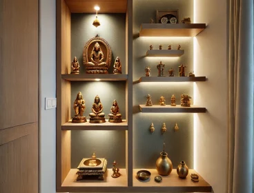 DALL·E 2025-02-08 18.41.42 – A compact Pooja corner in an apartment, featuring a wall-mounted wooden temple with LED backlighting, floating shelves for idols, and a serene ambianc DALL·E 2025-02-08 18.41.42 - A compact Pooja corner in an apartment, featuring a wall-mounted wooden temple with LED backlighting, floating shelves for idols, and a serene ambianc