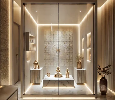 DALL·E 2025-02-08 18.41.44 – A modern minimalist Pooja room with a sleek glass enclosure, soft LED backlighting, and a serene ambiance. The design features a white marble altar wi DALL·E 2025-02-08 18.41.44 - A modern minimalist Pooja room with a sleek glass enclosure, soft LED backlighting, and a serene ambiance. The design features a white marble altar wi