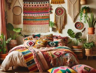 DALL·E 2025-02-16 20.10.13 – A Bohemian-style bedroom with vibrant colors, eclectic patterns, and layered textiles. The room features a cozy bed with colorful cushions, patterned DALL·E 2025-02-16 20.10.13 - A Bohemian-style bedroom with vibrant colors, eclectic patterns, and layered textiles. The room features a cozy bed with colorful cushions, patterned