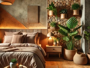DALL·E 2025-02-16 20.10.24 – A cozy bedroom with natural elements, featuring wooden furniture, stone textures, and indoor plants. The room has a warm and earthy color palette with DALL·E 2025-02-16 20.10.24 - A cozy bedroom with natural elements, featuring wooden furniture, stone textures, and indoor plants. The room has a warm and earthy color palette with