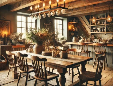 DALL·E 2025-02-16 20.14.52 – A rustic farmhouse dining room with a reclaimed wooden dining table, vintage-style chairs, and warm lighting. The space features earthy tones, wooden DALL·E 2025-02-16 20.14.52 - A rustic farmhouse dining room with a reclaimed wooden dining table, vintage-style chairs, and warm lighting. The space features earthy tones, wooden