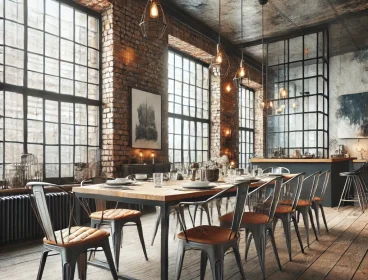 DALL·E 2025-02-16 20.15.01 – An industrial chic dining room with exposed brick walls, metal chairs, a wooden dining table, and pendant lighting. The space has an urban, trendy aes DALL·E 2025-02-16 20.15.01 - An industrial chic dining room with exposed brick walls, metal chairs, a wooden dining table, and pendant lighting. The space has an urban, trendy aes