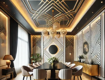 DALL·E 2025-02-16 20.15.31 – A dining room with bold accent walls and ceiling designs, featuring geometric patterns, stylish lighting fixtures, and a statement ceiling that adds a DALL·E 2025-02-16 20.15.31 - A dining room with bold accent walls and ceiling designs, featuring geometric patterns, stylish lighting fixtures, and a statement ceiling that adds a