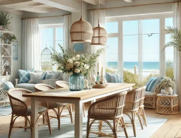 DALL·E 2025-02-16 20.15.41 – A coastal-style dining room with light blue and white decor, rattan chairs, a wooden dining table, and large windows showcasing an ocean view. The spa DALL·E 2025-02-16 20.15.41 - A coastal-style dining room with light blue and white decor, rattan chairs, a wooden dining table, and large windows showcasing an ocean view. The spa