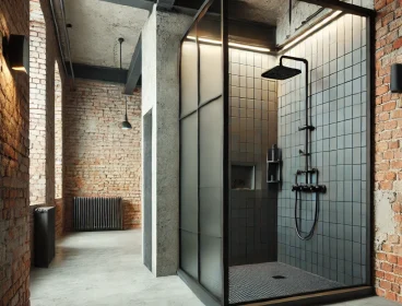 DALL·E 2025-02-16 20.23.15 – An industrial-style bathroom with exposed brick walls, black metal fixtures, and a modern walk-in shower. The space features raw textures, concrete fl DALL·E 2025-02-16 20.23.15 - An industrial-style bathroom with exposed brick walls, black metal fixtures, and a modern walk-in shower. The space features raw textures, concrete fl