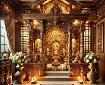 DALL·E 2025-02-23 20.28.46 – A grand traditional home temple with intricate woodwork, golden embellishments, and a divine aura. The temple features beautifully carved doors, an or DALL·E 2025-02-23 20.28.46 - A grand traditional home temple with intricate woodwork, golden embellishments, and a divine aura. The temple features beautifully carved doors, an or