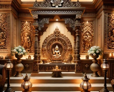 DALL·E 2025-02-23 20.28.56 – An elegant traditional home temple with finely carved wooden panels, intricate gold detailing, and a peaceful divine setting. The deity idol is placed DALL·E 2025-02-23 20.28.56 - An elegant traditional home temple with finely carved wooden panels, intricate gold detailing, and a peaceful divine setting. The deity idol is placed