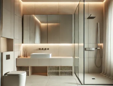 DALL·E 2025-02-23 21.53.41 – A modern minimalist bathroom with clean lines, neutral colors, a floating vanity, a frameless glass walk-in shower, and concealed storage. The space i DALL·E 2025-02-23 21.53.41 - A modern minimalist bathroom with clean lines, neutral colors, a floating vanity, a frameless glass walk-in shower, and concealed storage. The space i