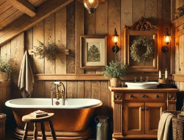 DALL·E 2025-02-23 21.53.57 – A rustic farmhouse bathroom with warm wood tones, a vintage-style sink, shiplap walls, and earthy textures. The space feels cozy and inviting, featuri DALL·E 2025-02-23 21.53.57 - A rustic farmhouse bathroom with warm wood tones, a vintage-style sink, shiplap walls, and earthy textures. The space feels cozy and inviting, featuri