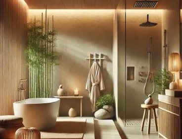 DALL·E 2025-02-23 21.54.19 – A spa-inspired bathroom with soft lighting, a rain shower, a freestanding tub, and natural materials like bamboo and stone. The space has a serene amb DALL·E 2025-02-23 21.54.19 - A spa-inspired bathroom with soft lighting, a rain shower, a freestanding tub, and natural materials like bamboo and stone. The space has a serene amb