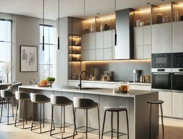 DALL·E 2025-02-25 21.13.42 – A modern kitchen with sleek minimalist cabinetry, built-in smart appliances, a central island with bar stools, and pendant lighting. The color scheme DALL·E 2025-02-25 21.13.42 - A modern kitchen with sleek minimalist cabinetry, built-in smart appliances, a central island with bar stools, and pendant lighting. The color scheme