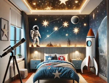 DALL·E 2025-02-27 21.24.54 - A children's bedroom designed with an Adventure and Space Exploration theme. The room features glowing stars on the ceiling, rocket-shaped furniture,