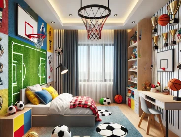 DALL·E 2025-02-27 21.24.57 - A children's bedroom designed with a Sports and Hobbies theme. The room features a vibrant design with a soccer-themed bed, basketball hoop, and walls