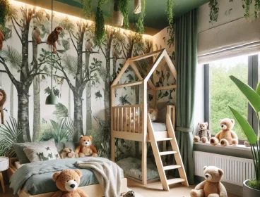DALL·E 2025-02-27 21.24.59 - A children's bedroom designed with a Nature and Animals theme. The room features jungle-inspired wallpaper with trees and animals, a cozy treehouse-st