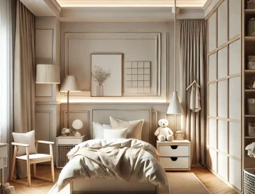 DALL·E 2025-02-27 21.25.00 - A children's bedroom designed with a Minimalist and Elegant theme. The room features a neutral color palette, simple and stylish furniture, and a clut