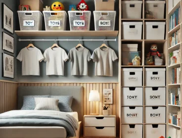 DALL·E 2025-02-27 21.25.04 - A children's bedroom designed with a Storage and Organization theme. The room features built-in wardrobes, labeled bins for toys, floating shelves for