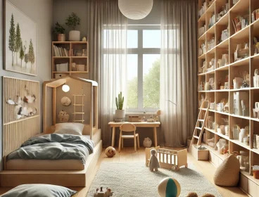 DALL·E 2025-02-27 21.50.53 - A Montessori-inspired children's bedroom designed to encourage independence and creativity. The room features low, child-friendly furniture, open shel
