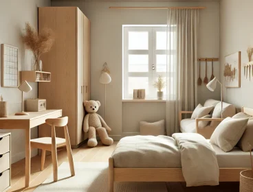 DALL·E 2025-02-27 21.50.55 - A Scandinavian minimalist children's bedroom featuring a soft, neutral color palette, natural wood furniture, and a clean, clutter-free design. The ro