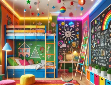 DALL·E 2025-02-27 21.50.57 - A vibrant and playful children's bedroom bursting with bright colors, interactive elements, and fun wall art. The room features a colorful bunk bed, a