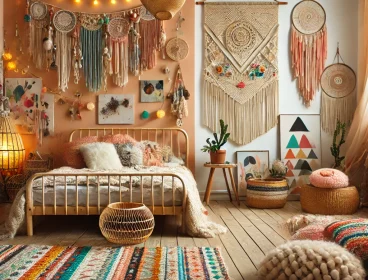 DALL·E 2025-02-27 21.50.58 - A bohemian and artistic children's bedroom featuring a mix of textures, patterns, and handmade decor. The room includes a cozy rattan bed, macramé wal